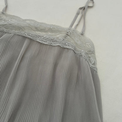 Greige Floral Brooch Pleated Fairly Babydoll Flared Bubble Hem Blouson Cami