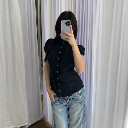 Black Burberry Blue Label Academia Puff Sleeve Ruffle Collar Blouson Top