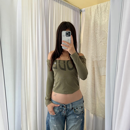 Imperial Khaki Boat Neck Text Half Sleeve Top