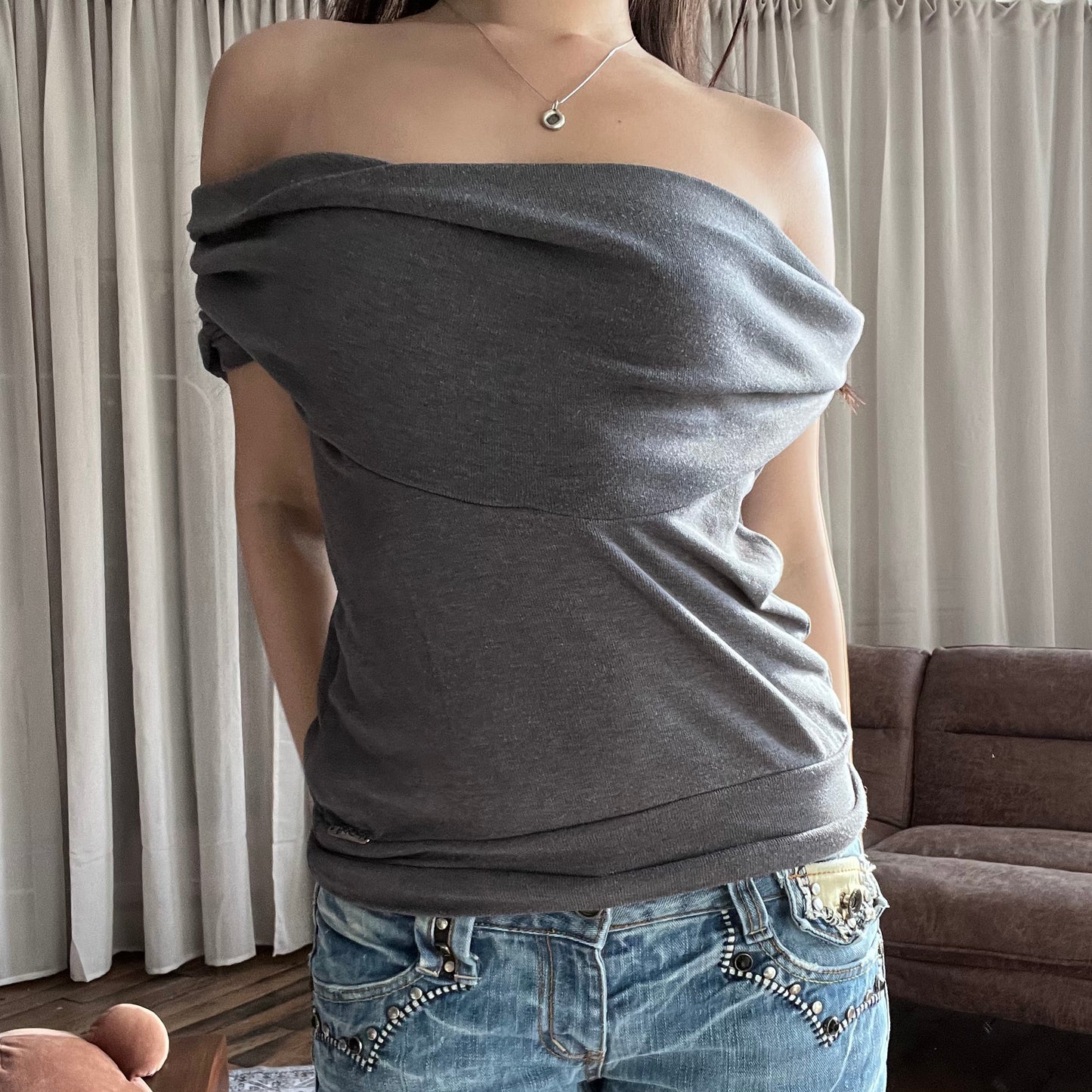 PDK Faded Purple Grey Neck Draped Short Sleeve Sweatshirt