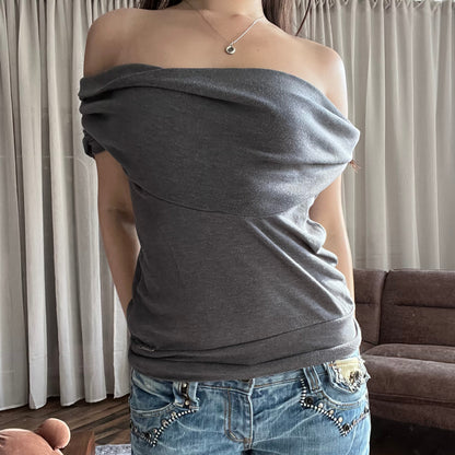 PDK Faded Purple Grey Neck Draped Short Sleeve Sweatshirt