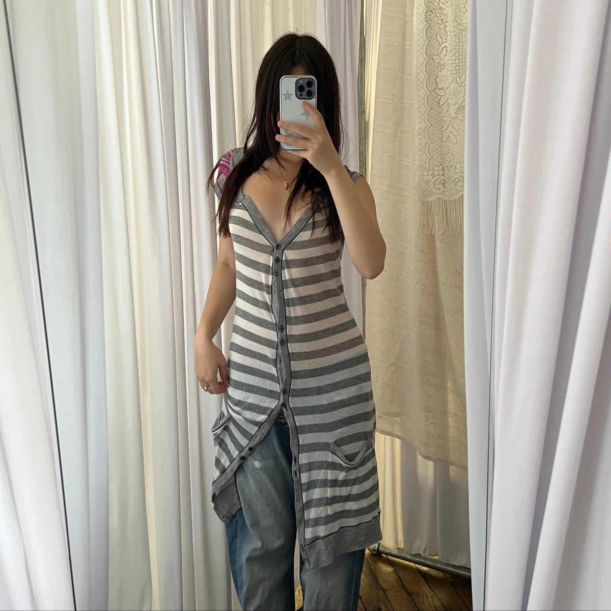 Custo Barcelona White Grey Pink Graphic Striped Button Down Mini Dress