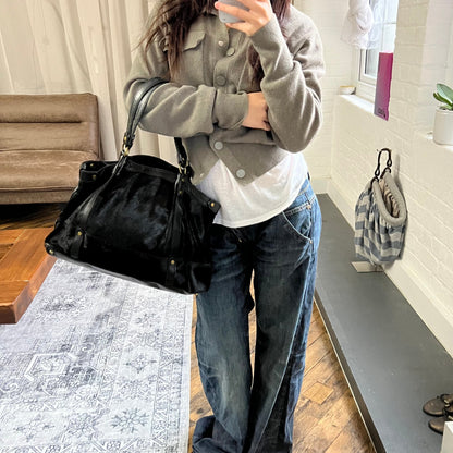 vintage selvedge black ponyhair leather buckle large tote bag