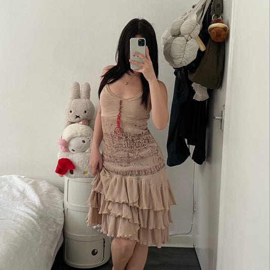 save the queen beige boho western print pink accent ruffle hem midi dress