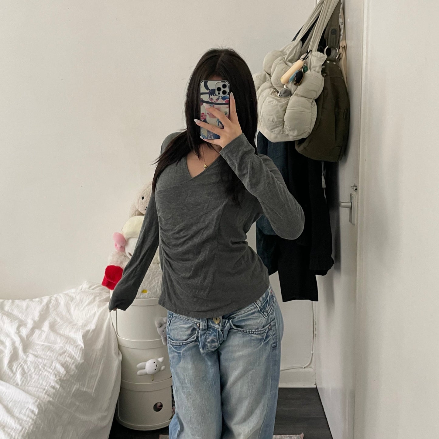 burberry wrap style ruched asymmetric grey long sleeve collared top