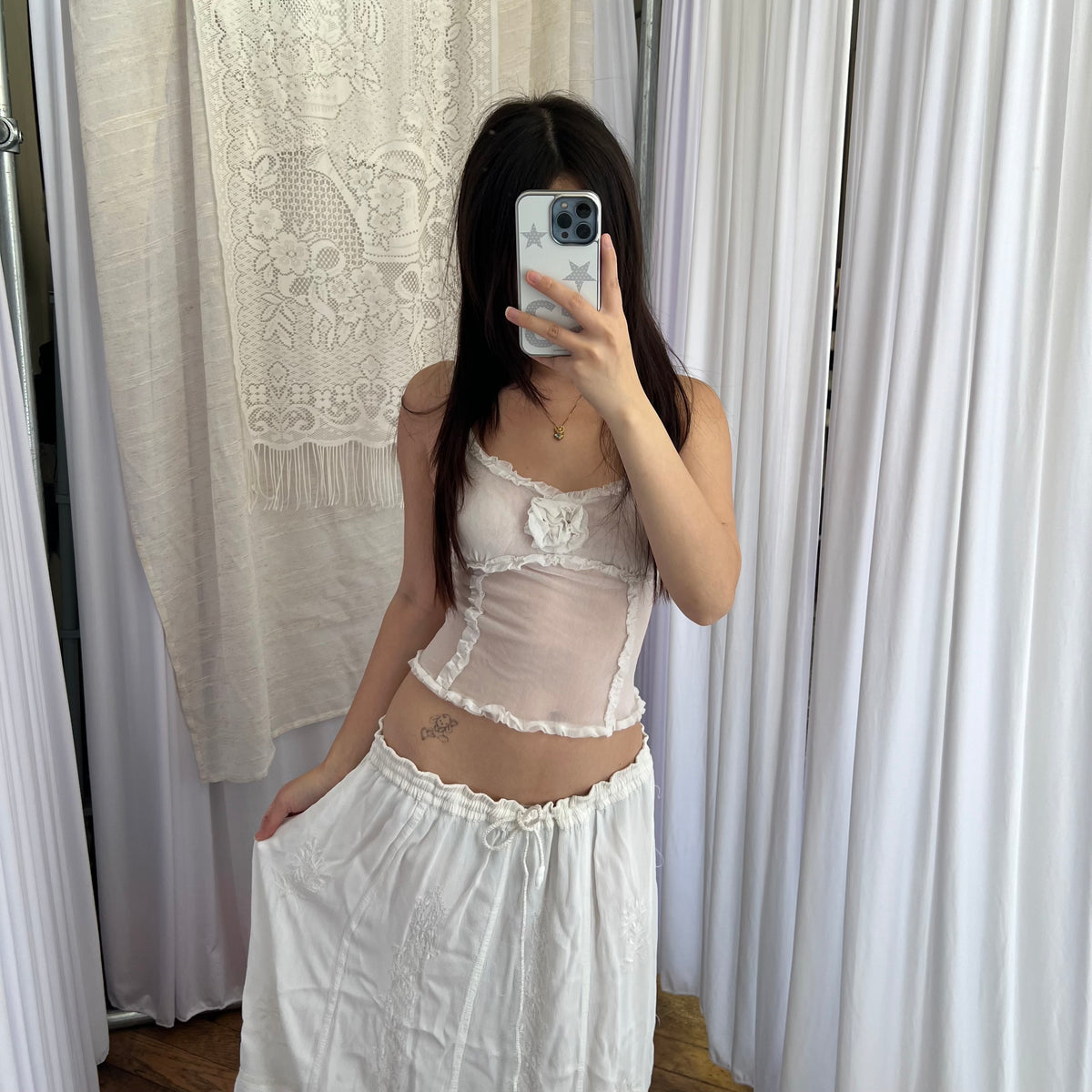 Imperial White Boho Rosette Frill Trim Sheer Camisole