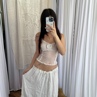 Imperial White Boho Rosette Frill Trim Sheer Camisole