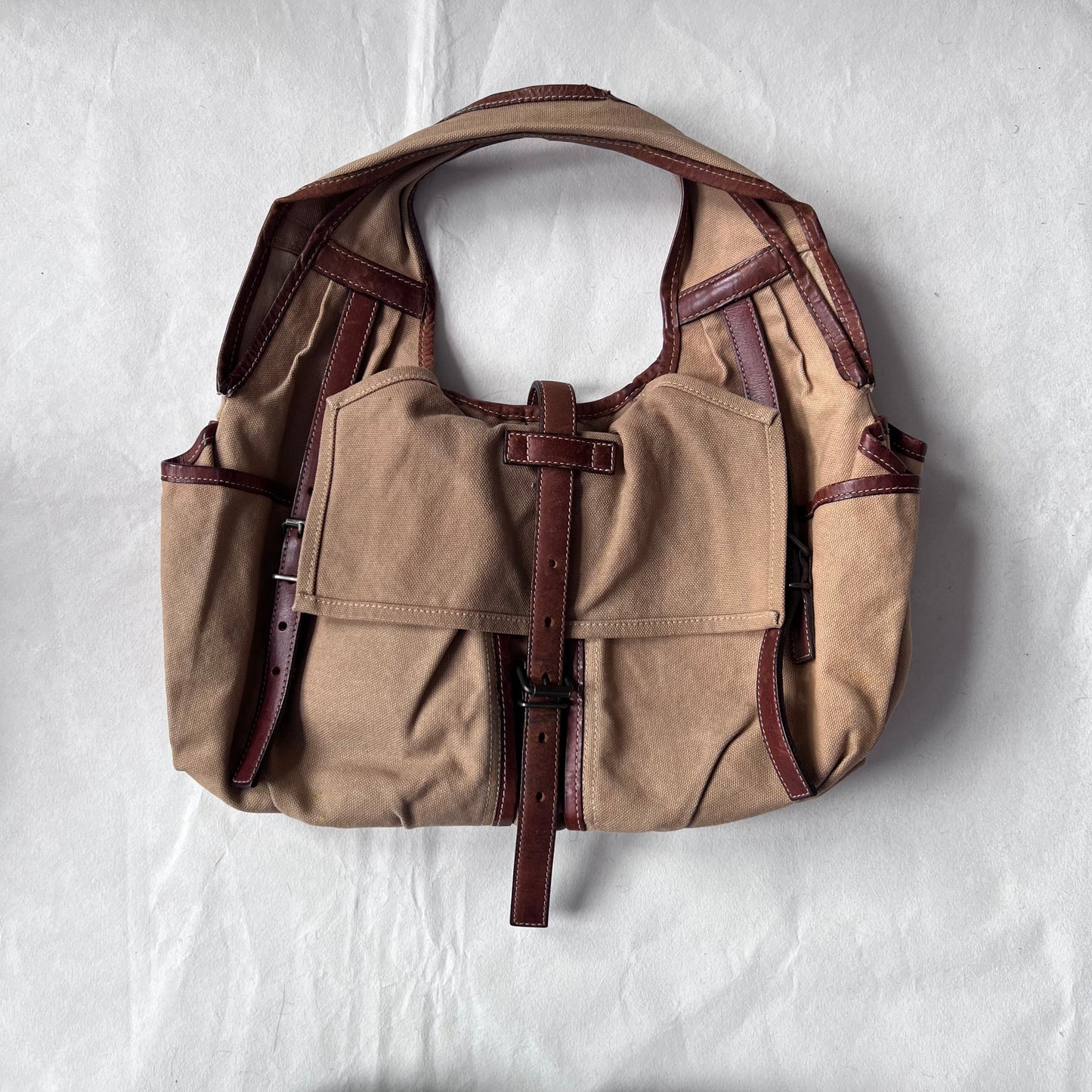 Vintage E.b.agos Tan Brown Beige Trench Style Leather Accent Buckle Strap Shoulder Bag