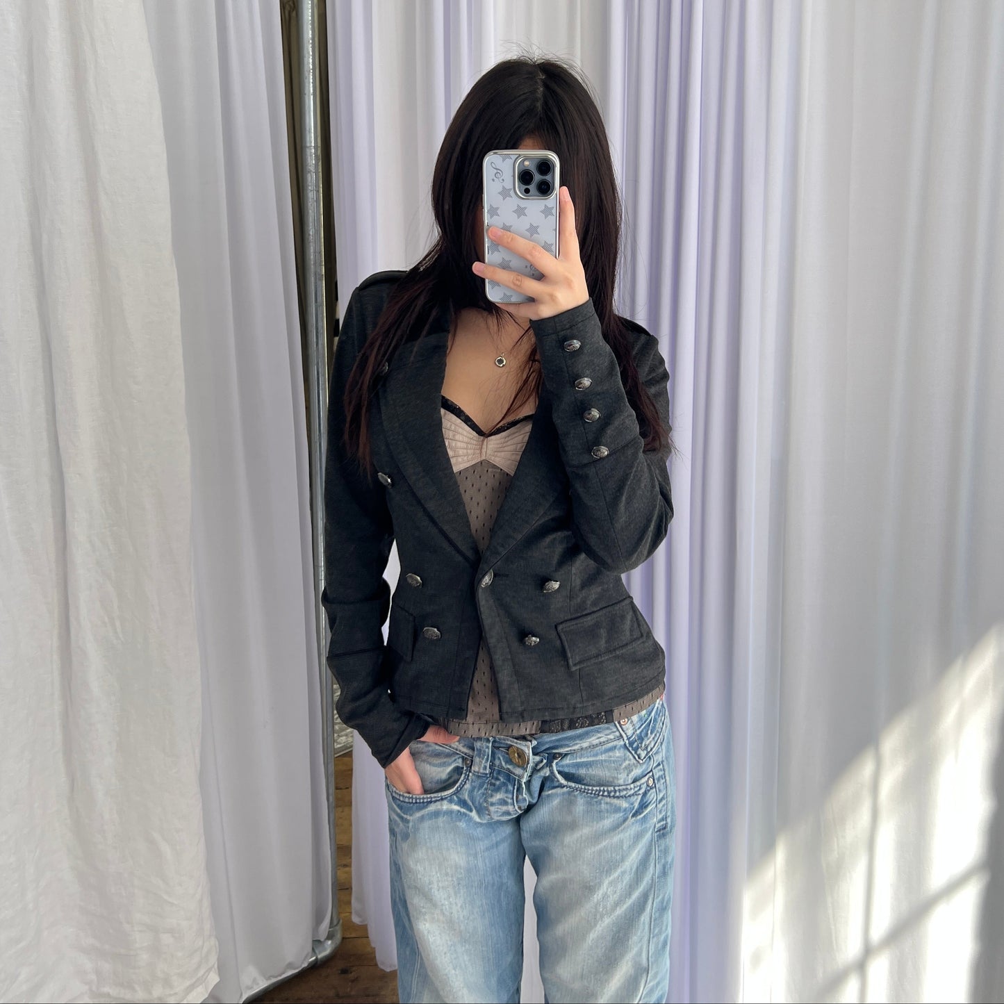 Naf Naf Dark Grey Corpcore Military Style Double Breasted Jacket
