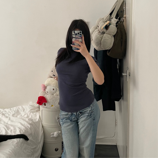 vero moda navy puff sleeve wide collar low cut knit top