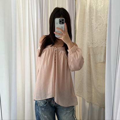Jill Stuart Muted Pink Scallop Lace Peter Pan Collar Puff Sleeve Blouson Shirt