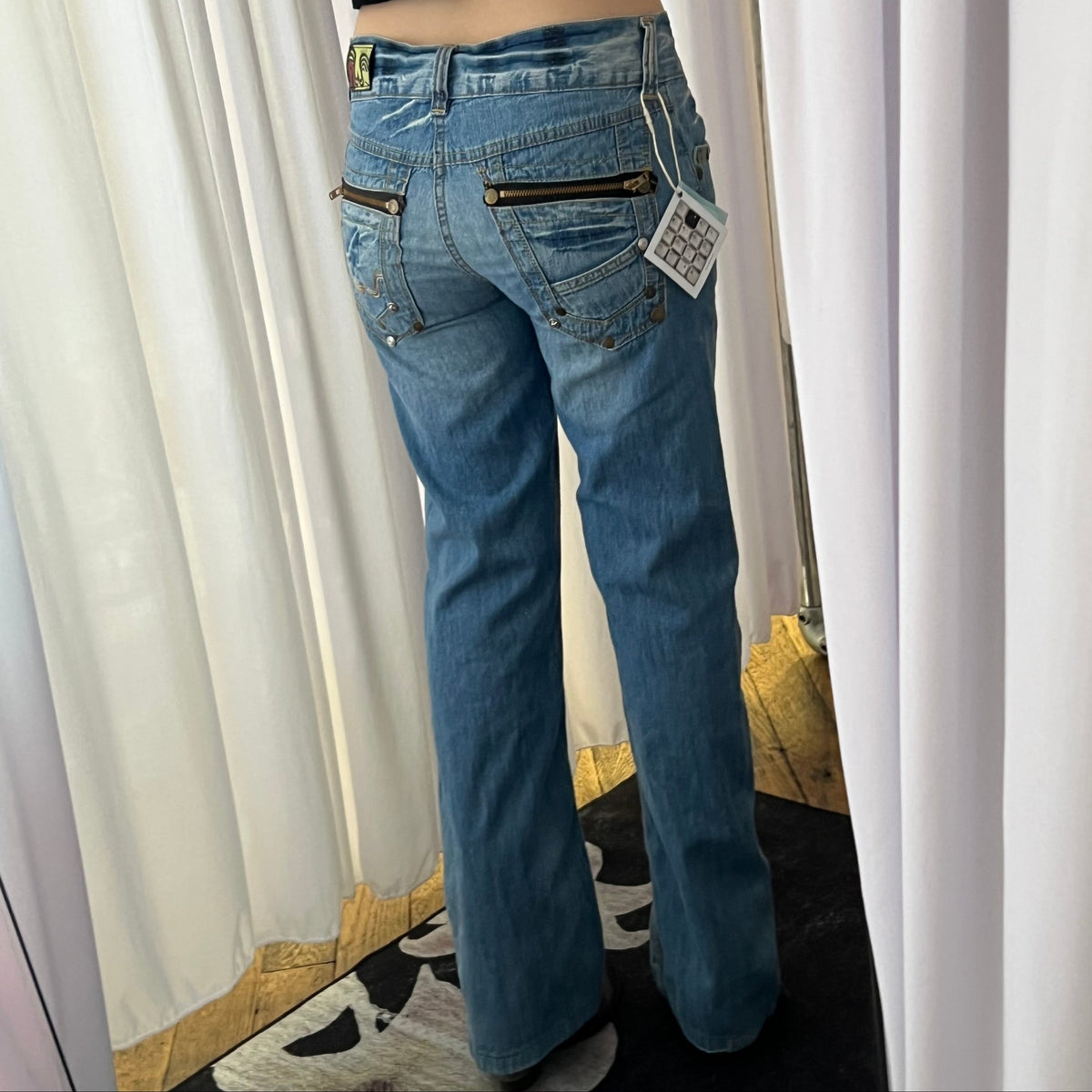Replay Light Wash Mid Rise Studded Zip Back Straigh Leg Flared Hem Denim Jeans