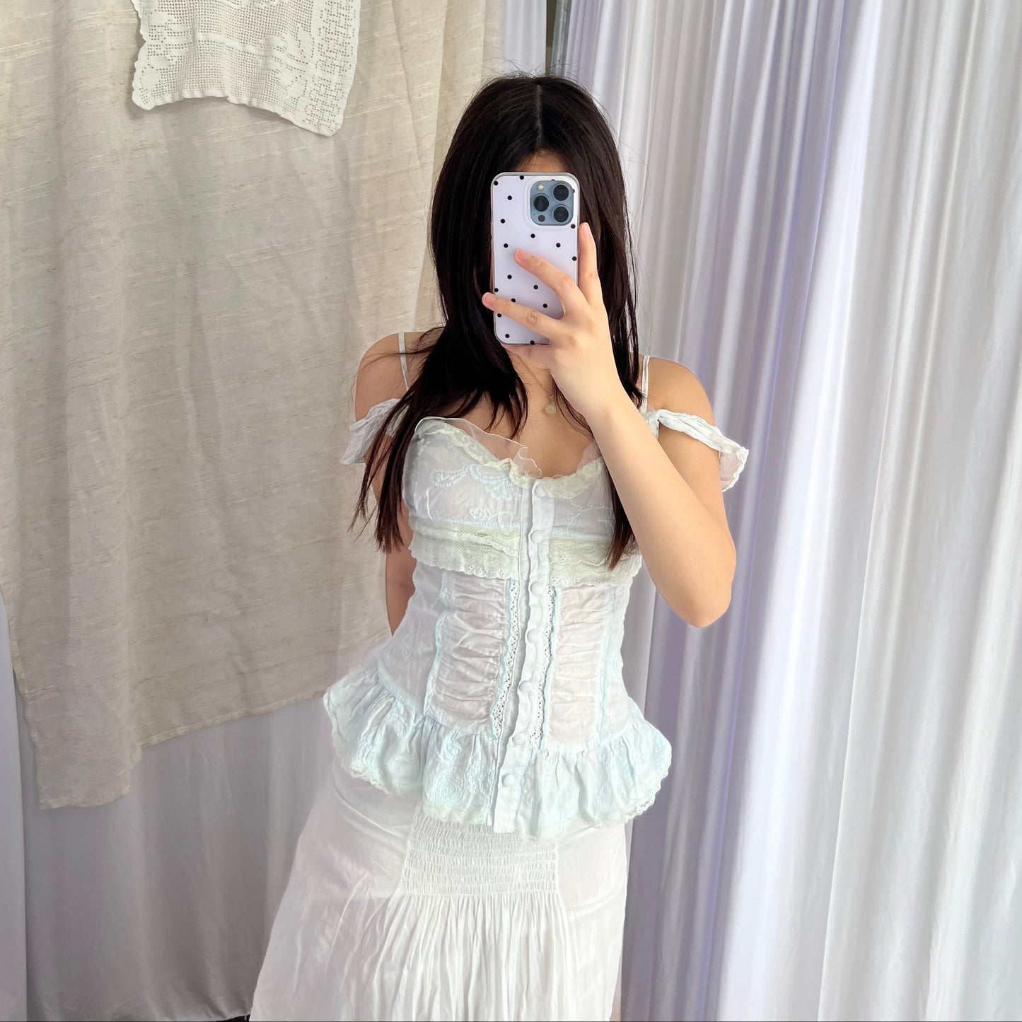 Baby Blue Angelic Frilly Lace Ruched Button Down Corset Blouson Cami