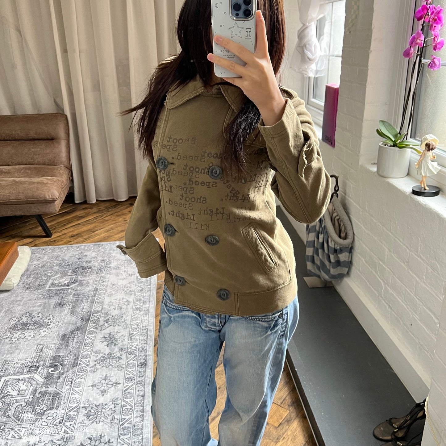 hysterics khaki corpcore asymmetric button faded text graphic collared jacket