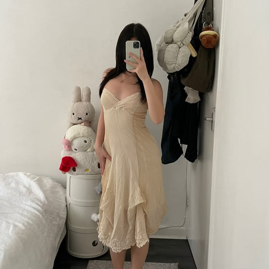 celyn b romantic mesh cotton cream asymmetric mermaid lace hem wrap bust midi dress