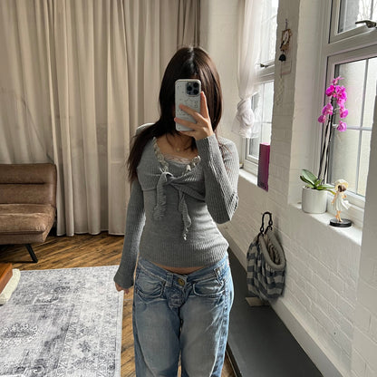 lilu mecredi frilly grey lace trim long sleeve knit bolero and cami two in one layered top