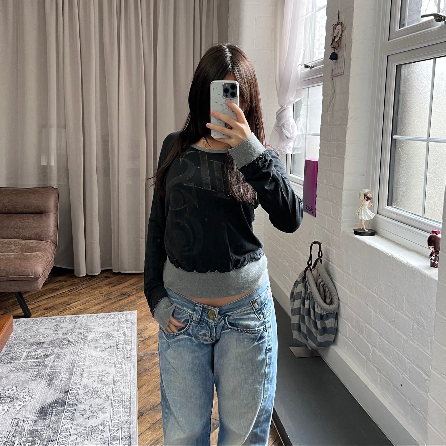 navy diesel long sleeve faded graphic grey trim sweater top