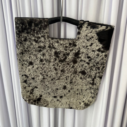 Black White Spotted Pony Hair Leather Hand Bag