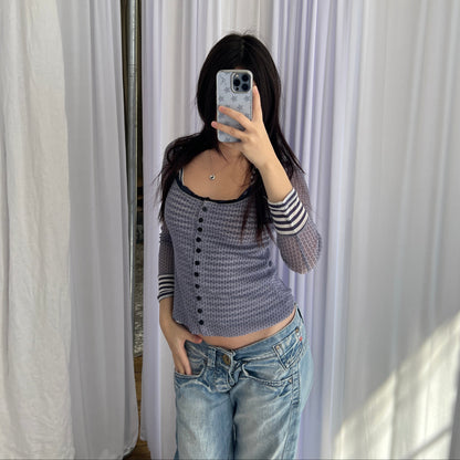 One Step Sheer Lavender Cardigan and Striped Vest Two in One Top