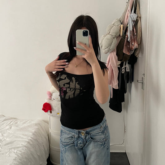 miss sixty y2k grunge sleaze layered cut draped fitted graphic print top