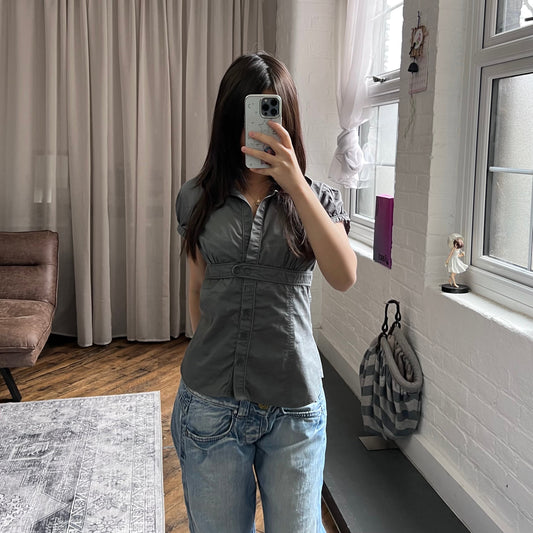 dark grey tally weiji corpcore preppy puff sleeve dual button blouson shirt