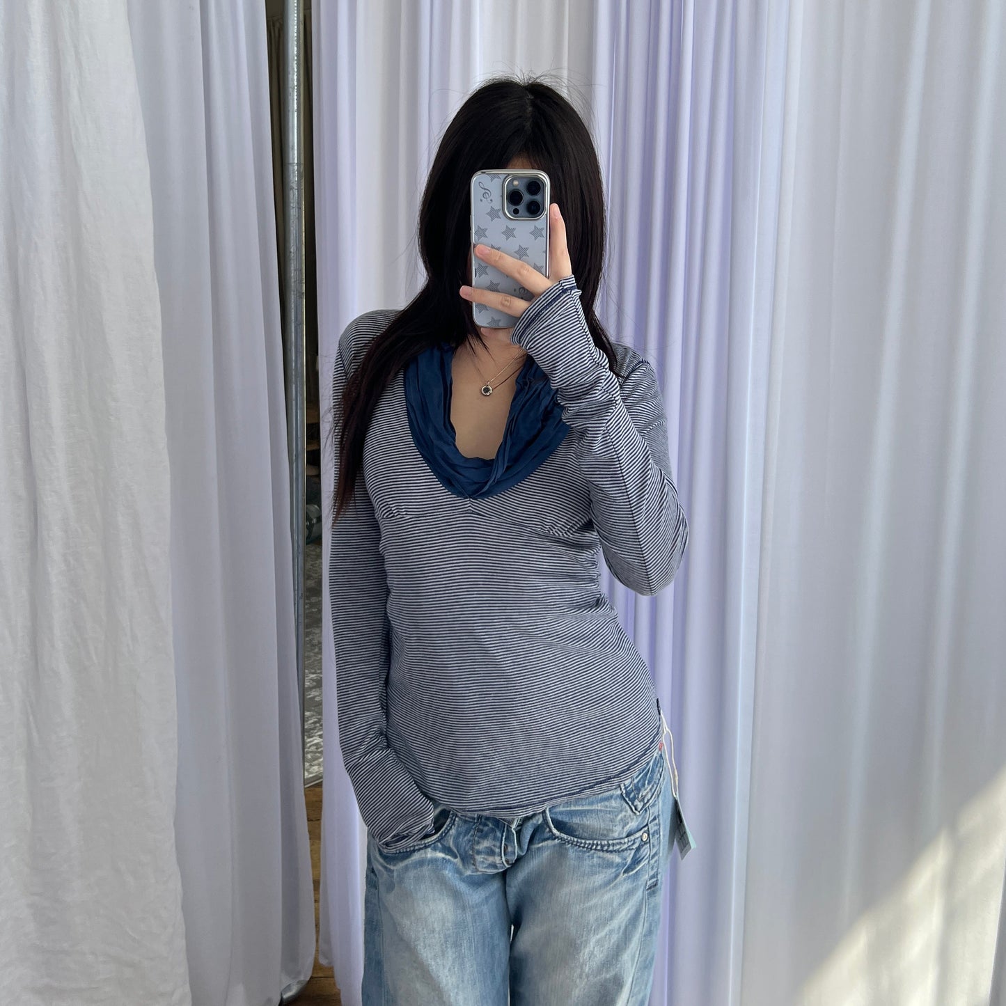 Navy Fornarina Cowl Neck Fitted Striped Cotton Silk Blend Long Sleeve Top