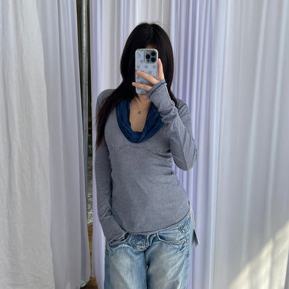 Navy Fornarina Cowl Neck Fitted Striped Cotton Silk Blend Long Sleeve Top