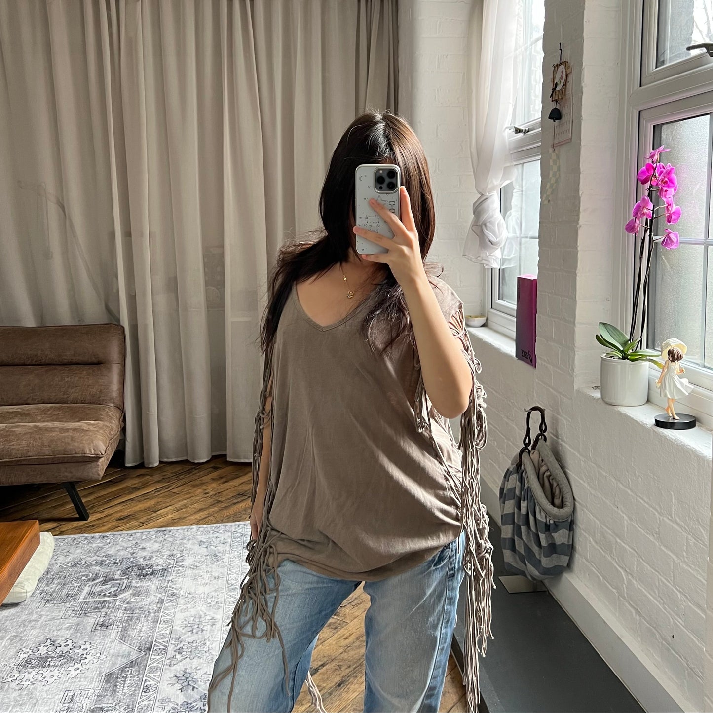 vintage goa taupe brown v neck fringe sleeve oversized shirt