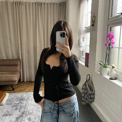 kookai black wool blend picot trim long sleeve fitted cardigan top