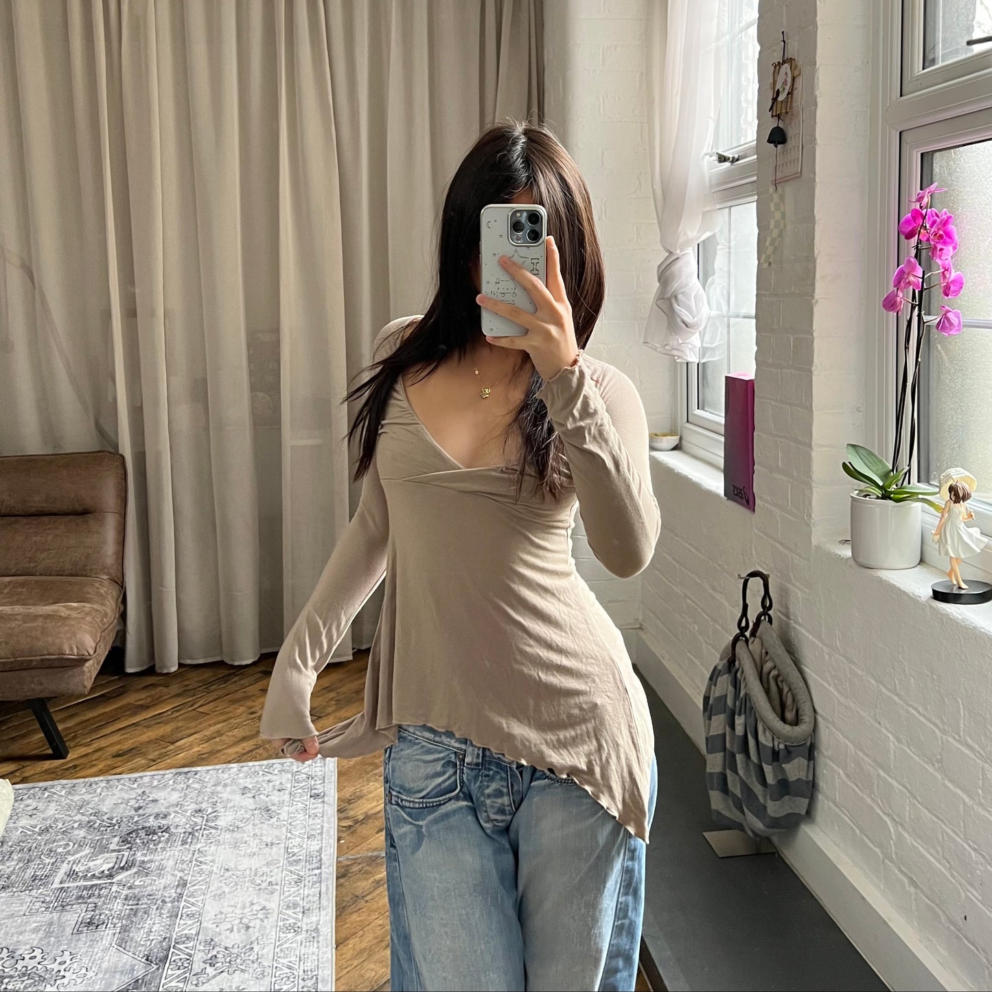 speccio beige balletcore wrap style asymmetric hem long sleeve shirt