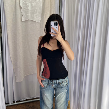 Shirt Passion Black Red Orange Floral Rosette Embroidery Camisole