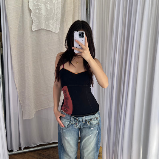 Shirt Passion Black Red Orange Floral Rosette Embroidery Camisole