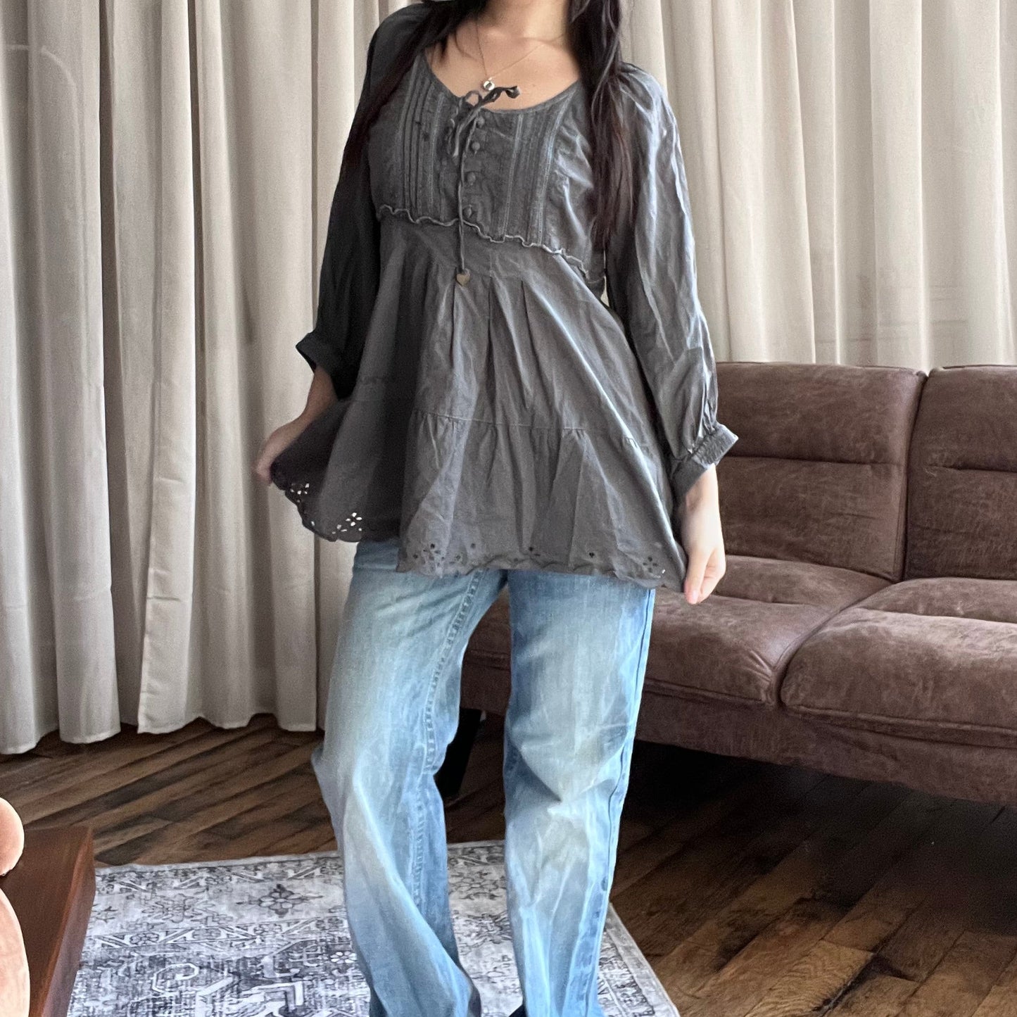 Purple Grey La Mode Est A Vous 3/4 Puff Sleeve Babydoll Tunic Blouse