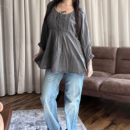 Purple Grey La Mode Est A Vous 3/4 Puff Sleeve Babydoll Tunic Blouse