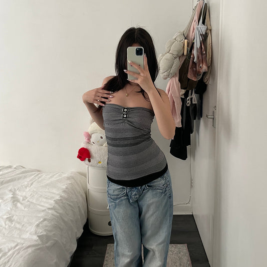 black grey preppy button naf naf ruched striped bandeau top