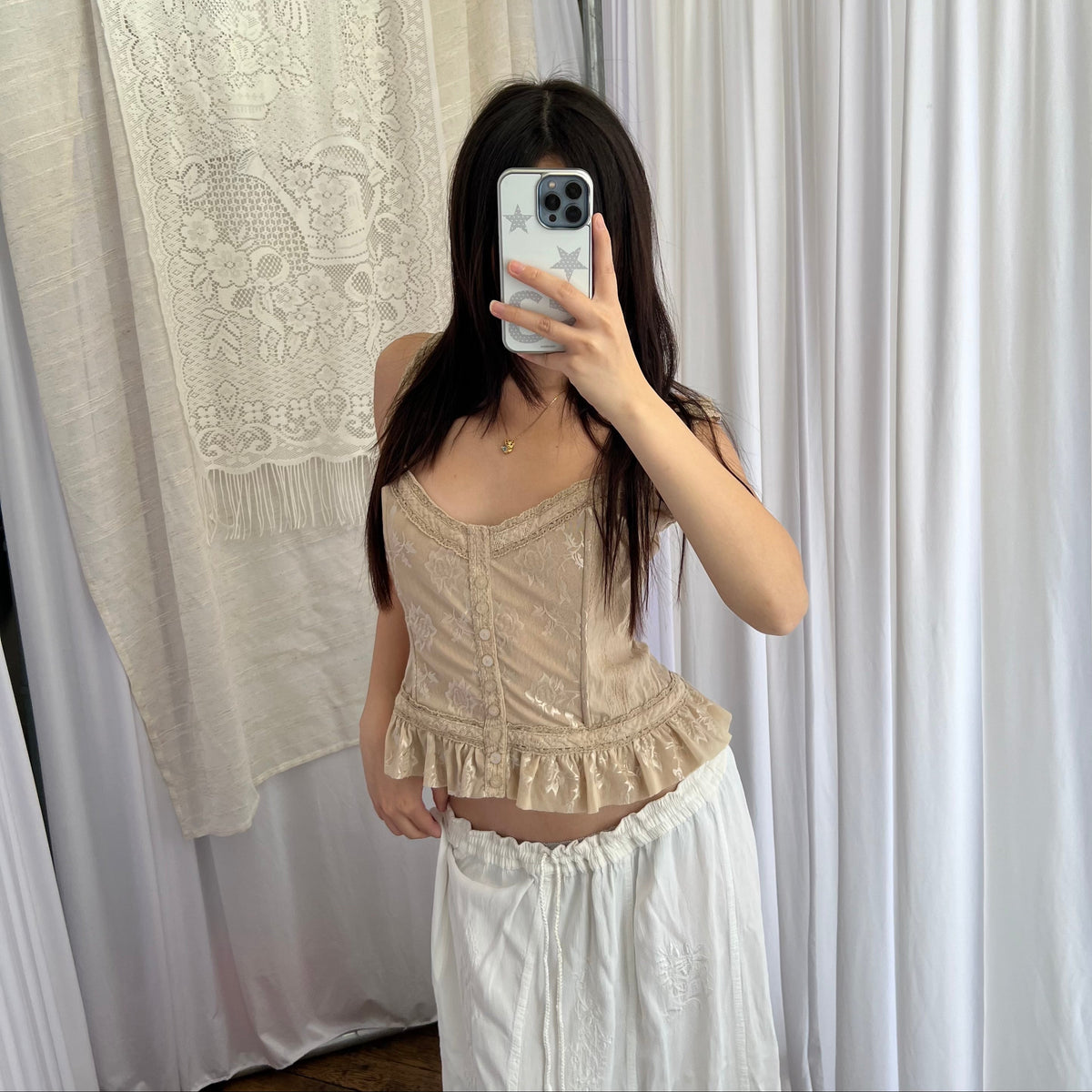 Silvian Heach Beige Embroidery Lace Romantic Ruffle Lace Up Trim Corset Top