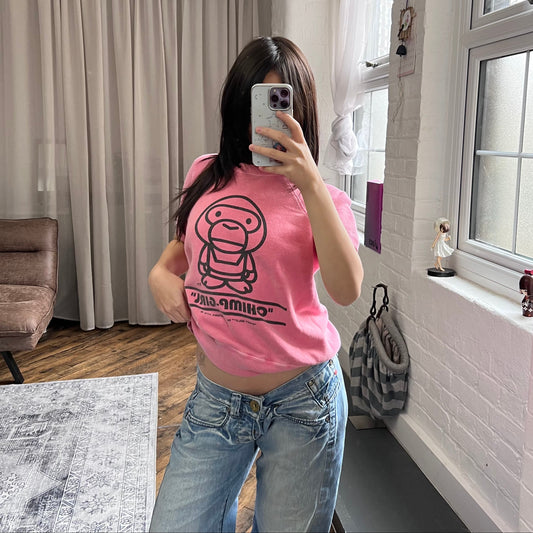vintage pink bapy bape chimp girl oversized jersey short sleeve sweater top