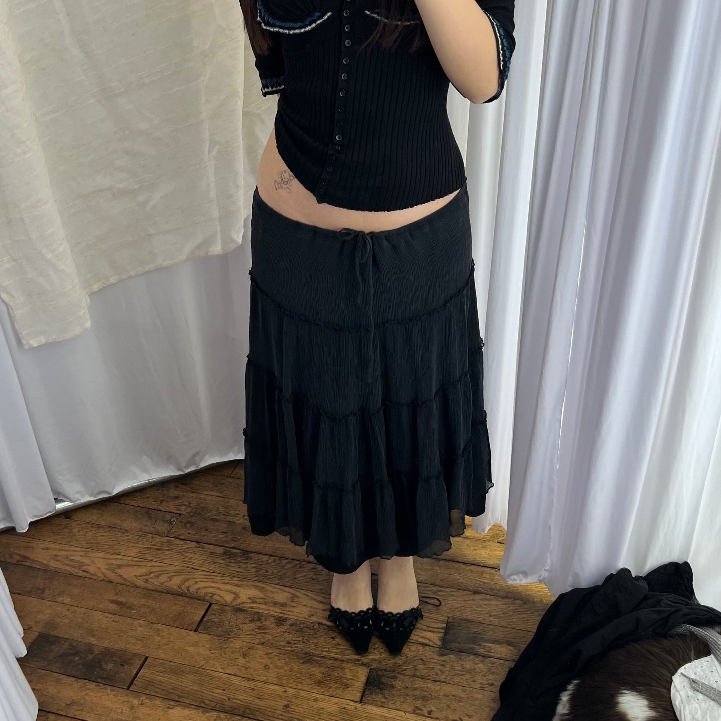 Express Black Silk Pleated Ruffle Flared Midi Skirt