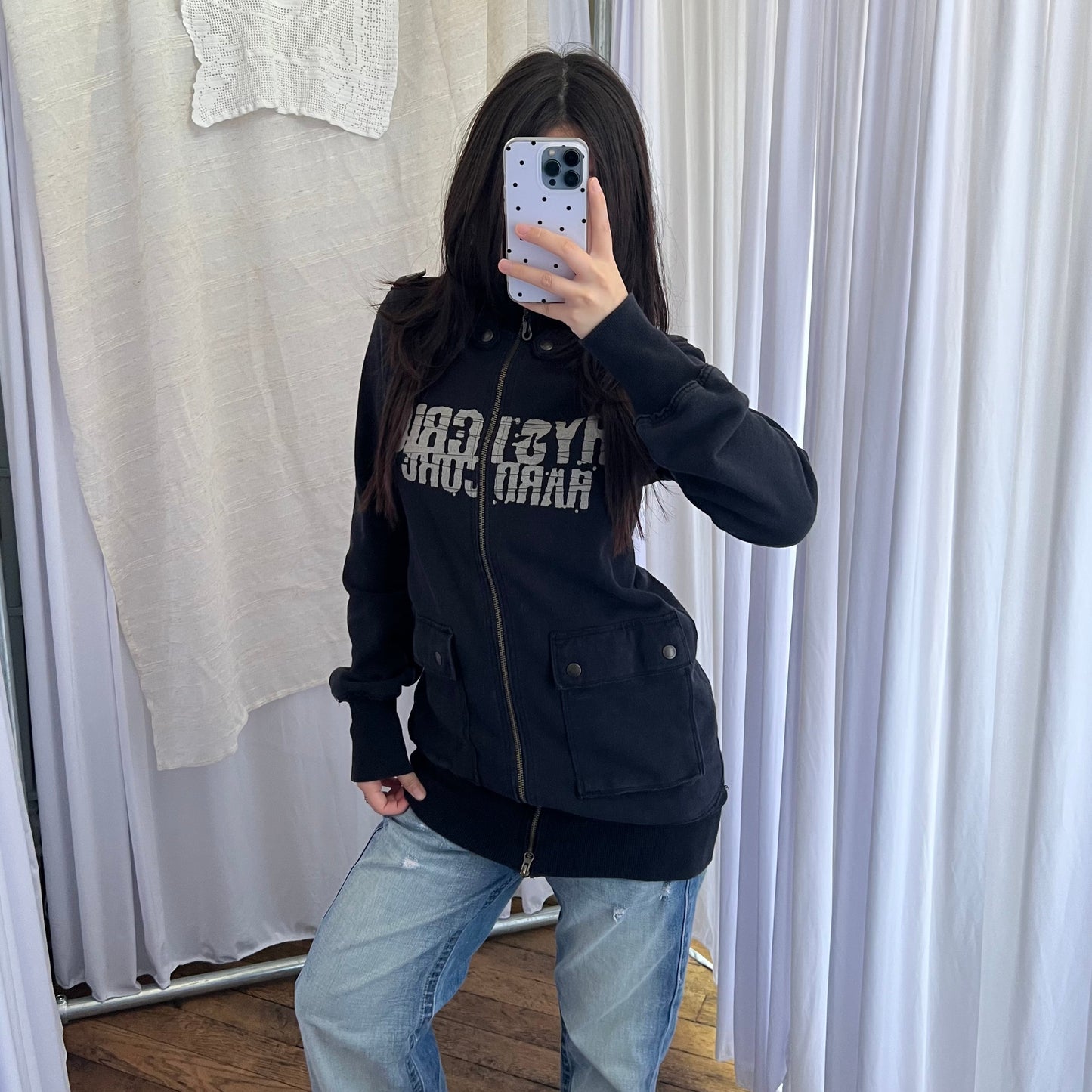 Hysteric Glamour Corpcore Military Style Buckle Round Button Accent Long Zip Jacket