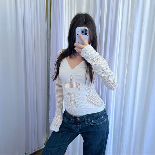 Vintage Replay White Star Mesh Long Sleeve Fitted Top