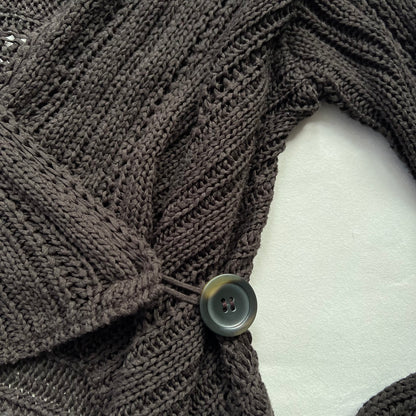 Brown Ribbed Cache Cache Asymmetric Wrap Crop Waterfall Hem Knit Cardigan