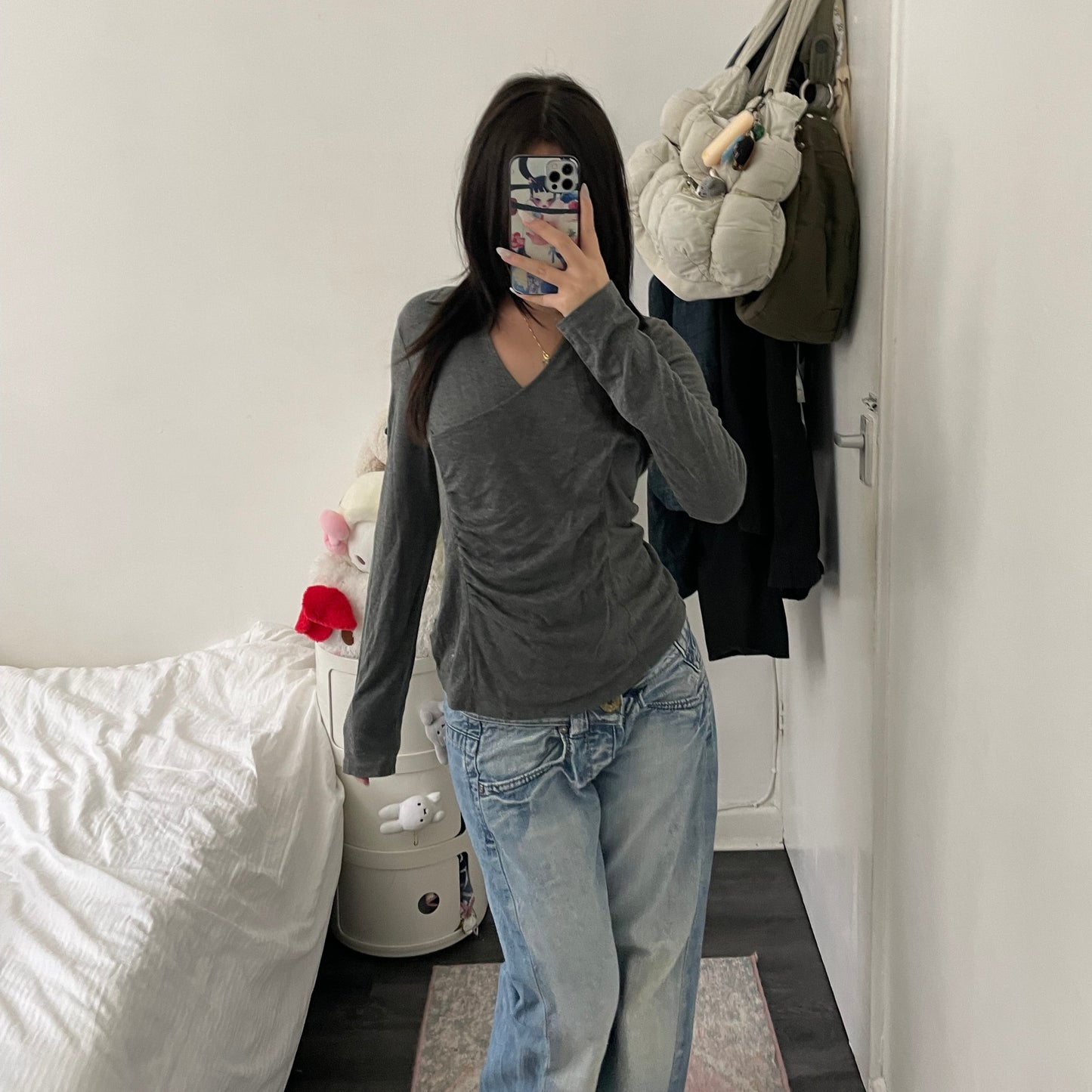 burberry wrap style ruched asymmetric grey long sleeve collared top