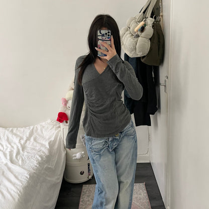 burberry wrap style ruched asymmetric grey long sleeve collared top