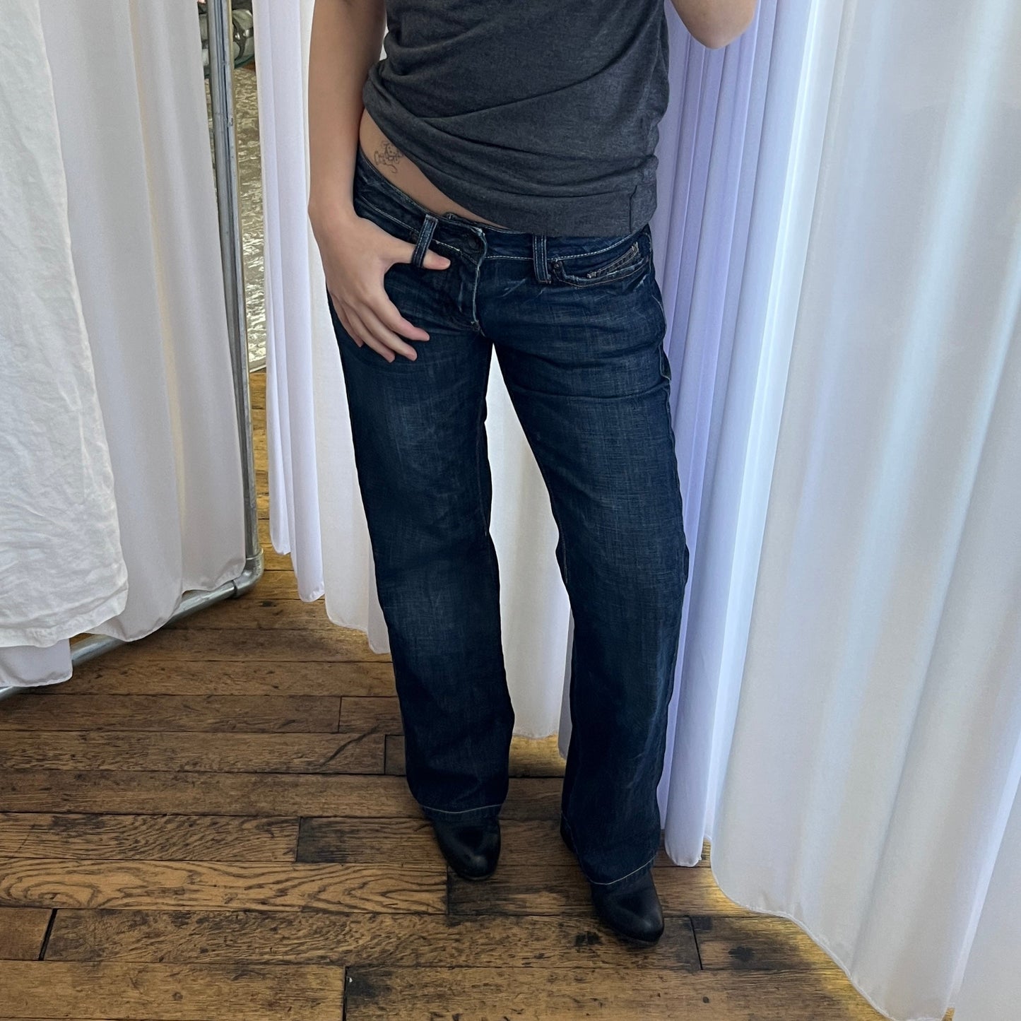 G-star Raw Indigo Dark Wash Low Rise Flared Denim Trousers