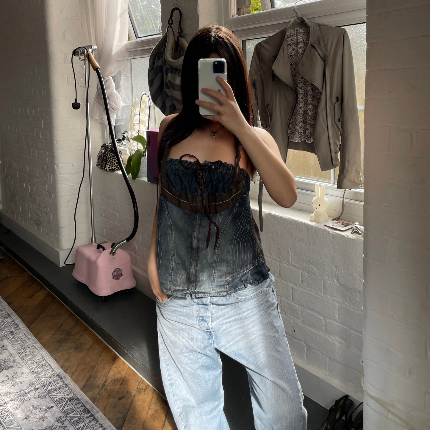 mariagrazia panizzi 西部波西米亚风蓝色牛仔布棕色蕾丝褶皱紧身胸衣紧身胸衣