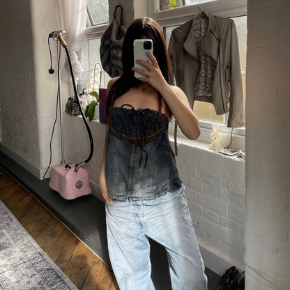 mariagrazia panizzi 西部波西米亚风蓝色牛仔布棕色蕾丝褶皱紧身胸衣紧身胸衣