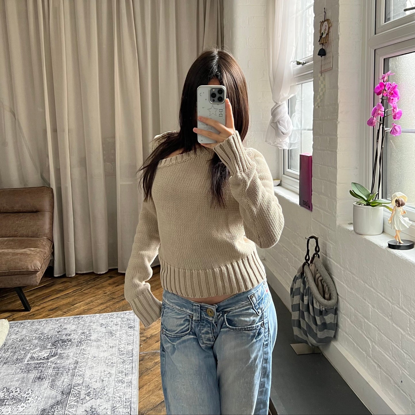 vintage dkny beige asymmetric long sleeve knit sweater