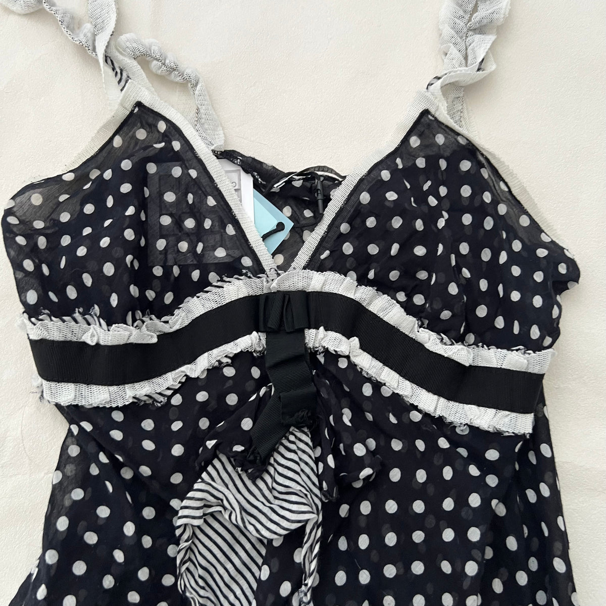 Xanaka Black White Polka Dot Ruffle Silk Blend Camisole