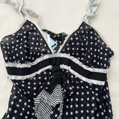 Xanaka Black White Polka Dot Ruffle Silk Blend Camisole