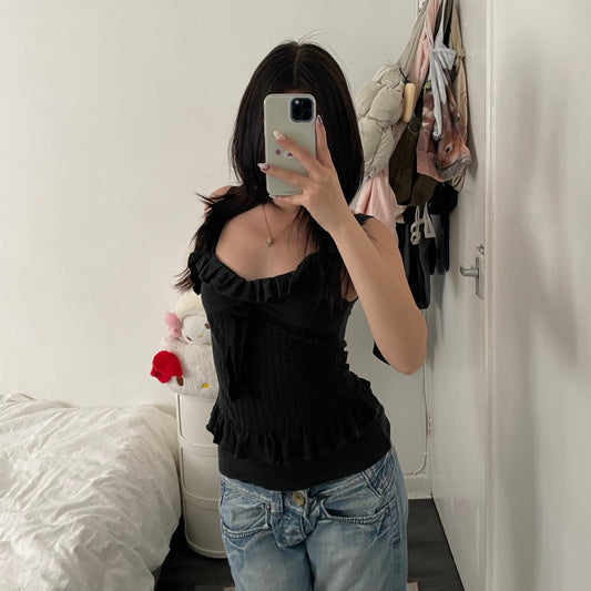 romantic balletcore red valentino knit ruffle hem ribbon knit camisole